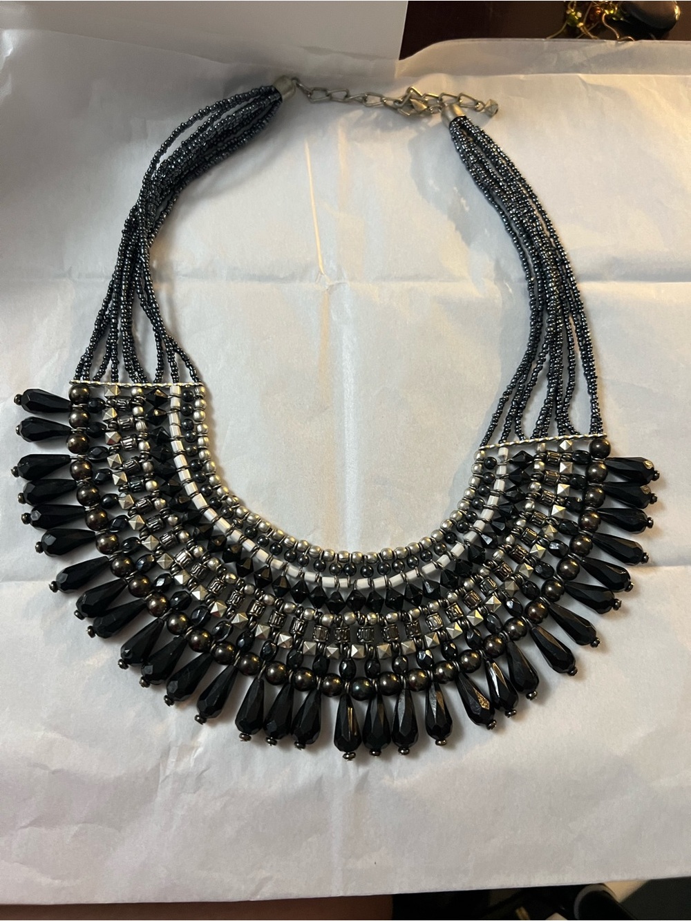 Statement Black Beaded Multi-Strand Necklace